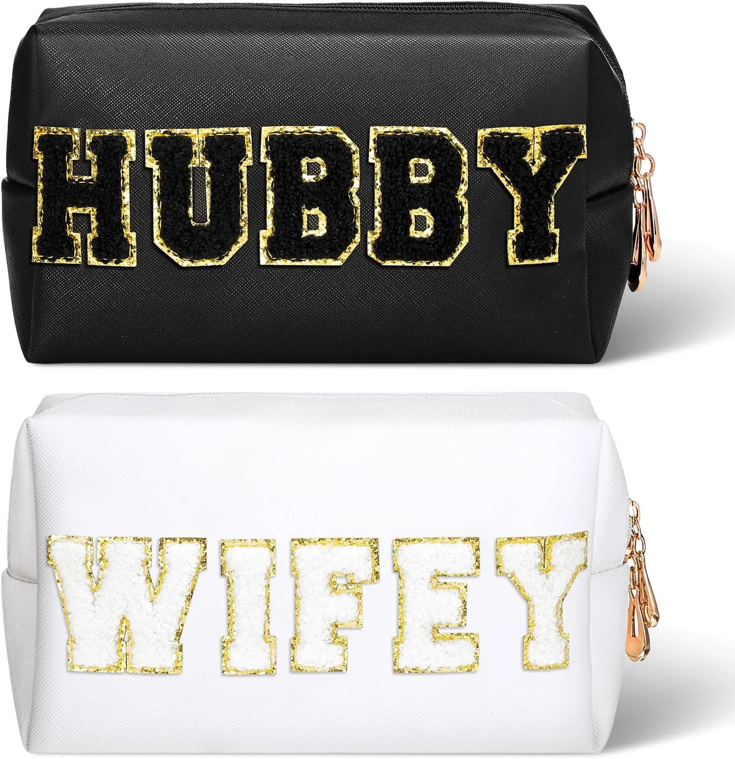 Pinkunn 2 Pcs Wifey Hubby Makeup Bag Bride Patch Cosmetic Bag Mrs Travel Toiletry Purse White Letter PU Leather Waterproof Pouch Wedding Bridal Shower Honeymoon Gift for Women Party Organizer