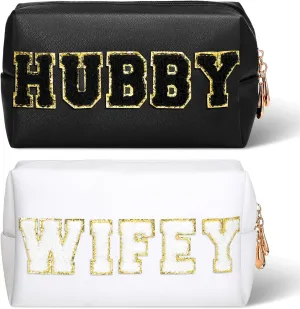 Pinkunn 2 Pcs Wifey Hubby Makeup Bag Bride Patch Cosmetic Bag Mrs Travel Toiletry Purse White Letter PU Leather Waterproof Pouch Wedding Bridal Shower Honeymoon Gift for Women Party Organizer