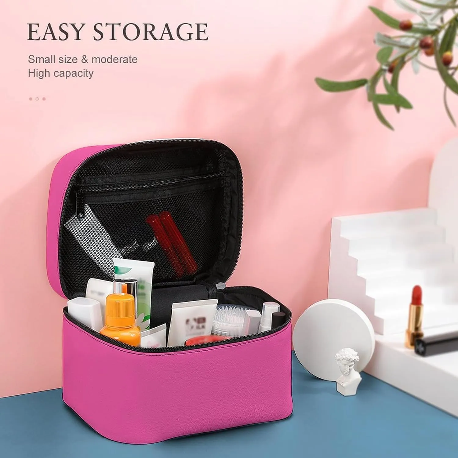 Plain Bright Hot Pink Makeup Bag, Portable Travel Cosmetic Case Zipper Toiletry Bag for Women Girls