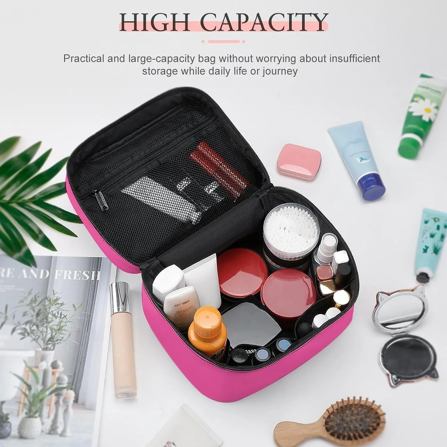 Plain Bright Hot Pink Makeup Bag, Portable Travel Cosmetic Case Zipper Toiletry Bag for Women Girls