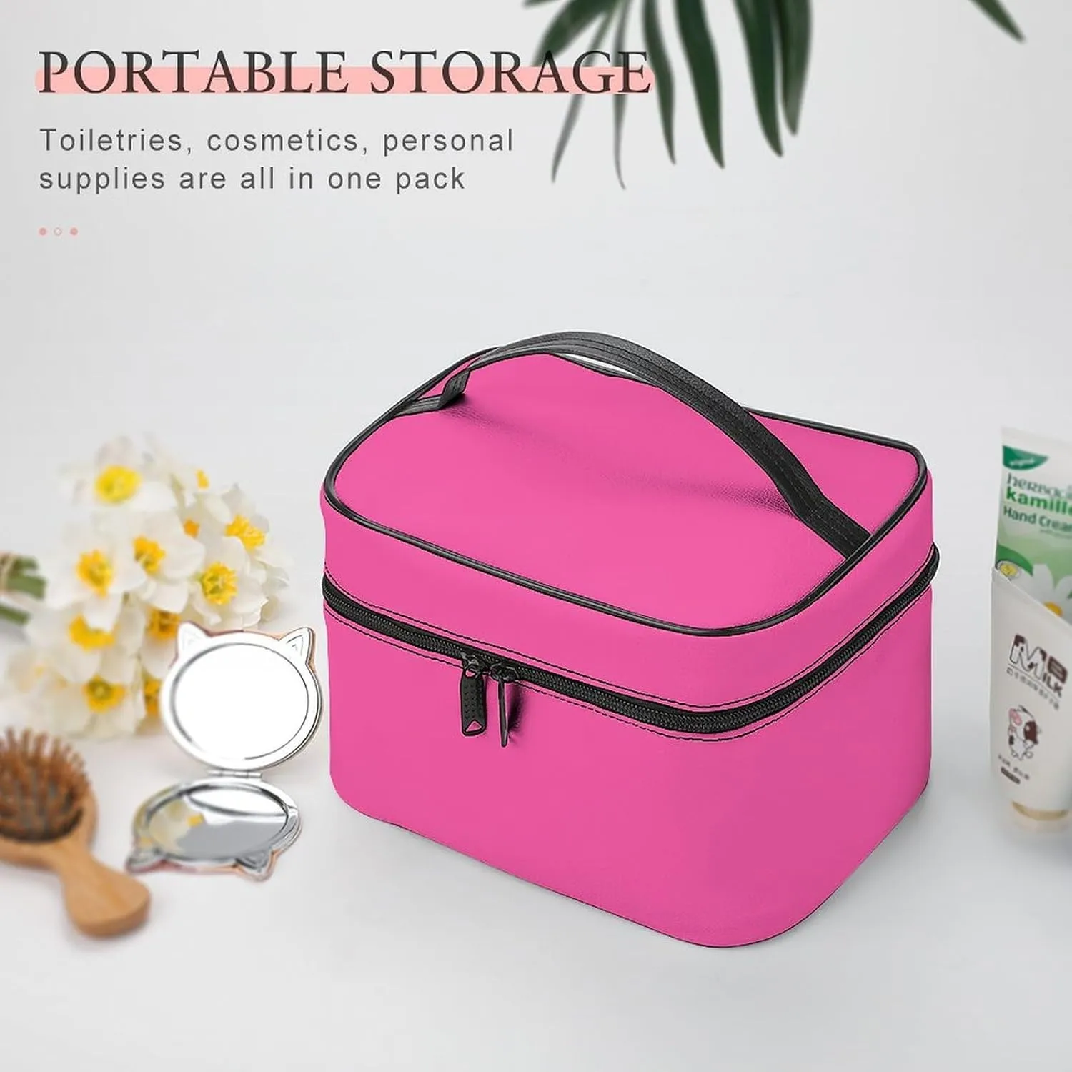 Plain Bright Hot Pink Makeup Bag, Portable Travel Cosmetic Case Zipper Toiletry Bag for Women Girls