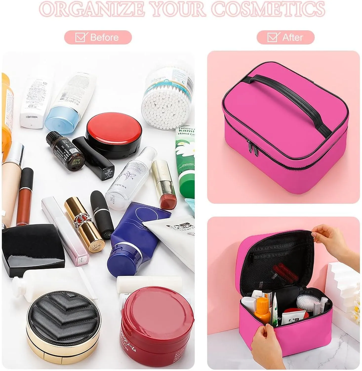 Plain Bright Hot Pink Makeup Bag, Portable Travel Cosmetic Case Zipper Toiletry Bag for Women Girls