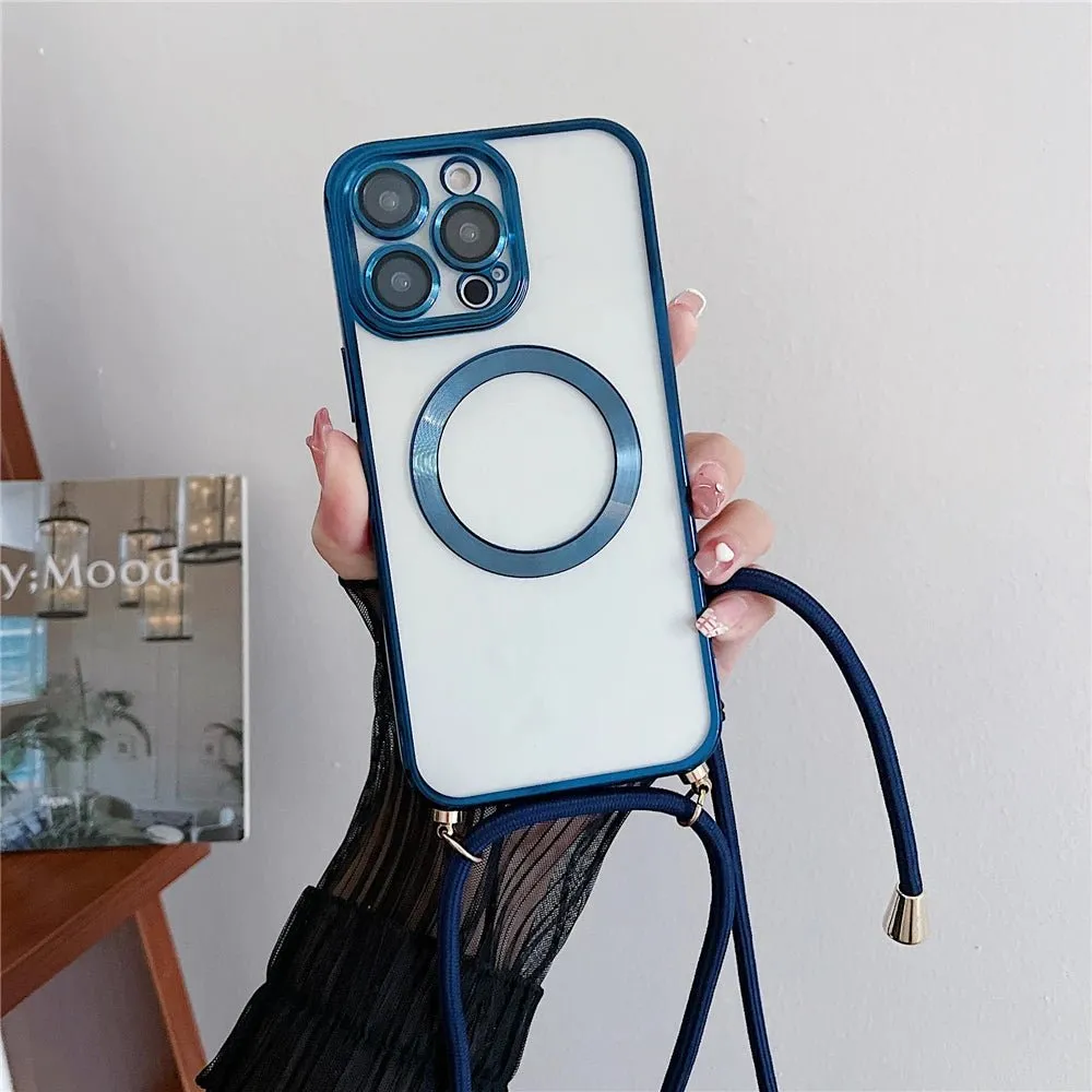 Plating Clear Magnetic For Magsafe Wireless Charging Cases For iPhone 16 15 14 11 12 13 Pro Max Crossbody Lanyard Necklace Cover