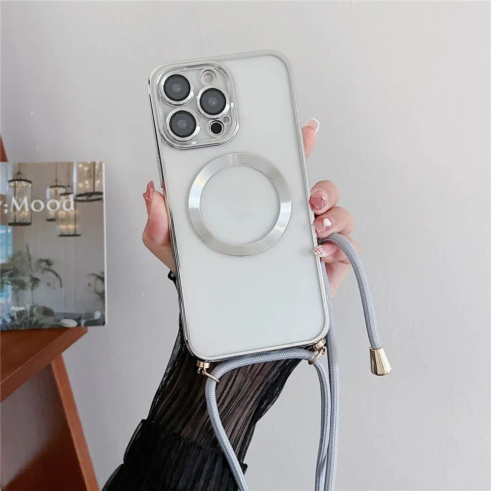 Plating Clear Magnetic For Magsafe Wireless Charging Cases For iPhone 16 15 14 11 12 13 Pro Max Crossbody Lanyard Necklace Cover
