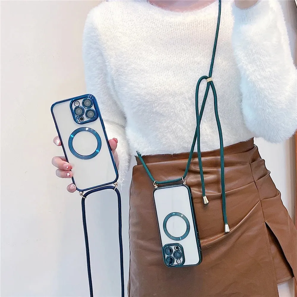 Plating Clear Magnetic For Magsafe Wireless Charging Cases For iPhone 16 15 14 11 12 13 Pro Max Crossbody Lanyard Necklace Cover