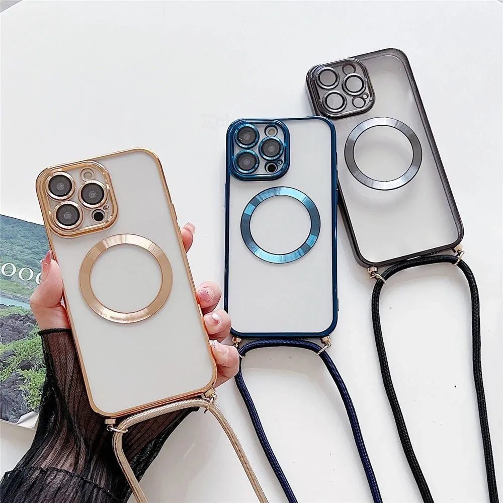 Plating Clear Magnetic For Magsafe Wireless Charging Cases For iPhone 16 15 14 11 12 13 Pro Max Crossbody Lanyard Necklace Cover