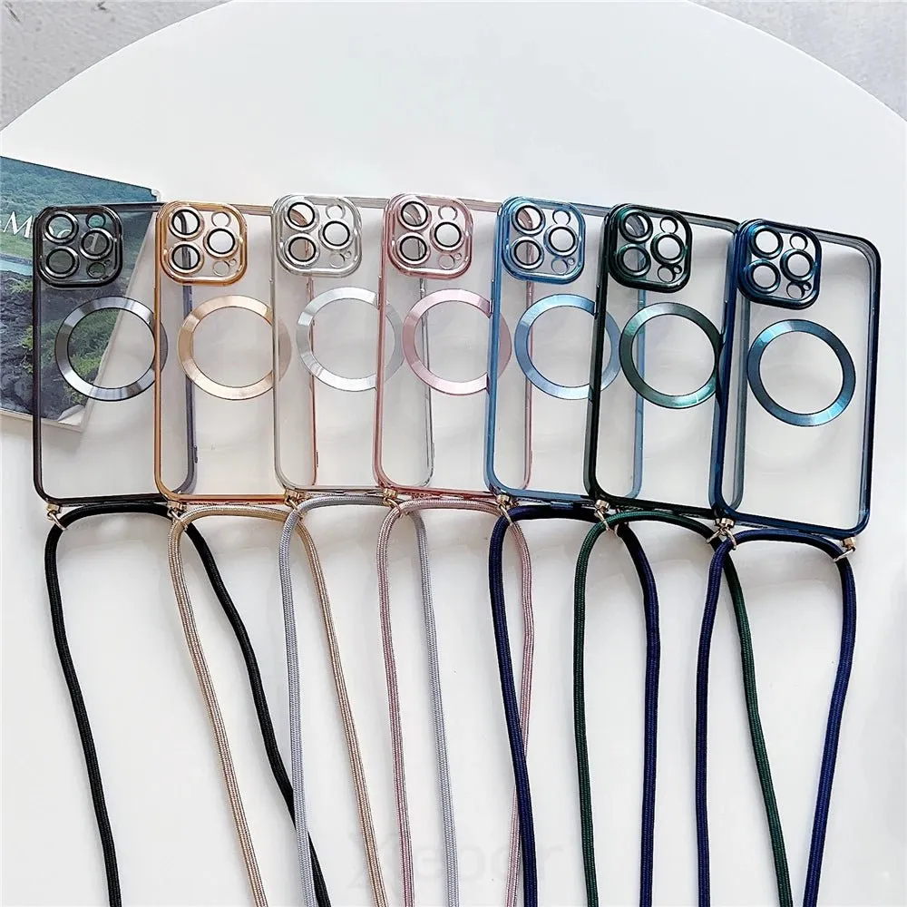 Plating Clear Magnetic For Magsafe Wireless Charging Cases For iPhone 16 15 14 11 12 13 Pro Max Crossbody Lanyard Necklace Cover