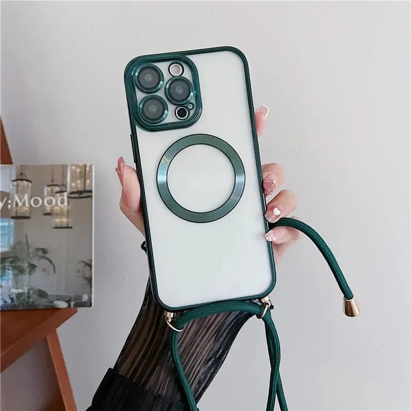 Plating Clear Magnetic For Magsafe Wireless Charging Cases For iPhone 16 15 14 11 12 13 Pro Max Crossbody Lanyard Necklace Cover