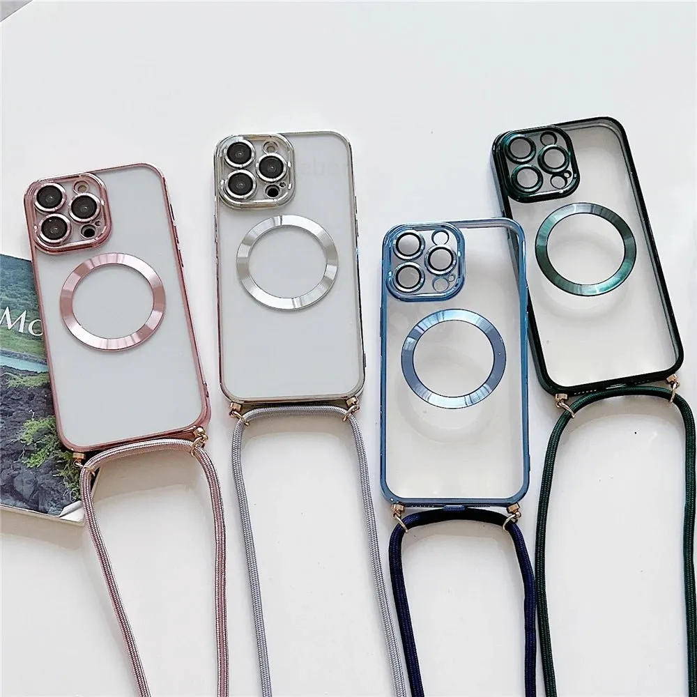 Plating Clear Magnetic For Magsafe Wireless Charging Cases For iPhone 16 15 14 11 12 13 Pro Max Crossbody Lanyard Necklace Cover