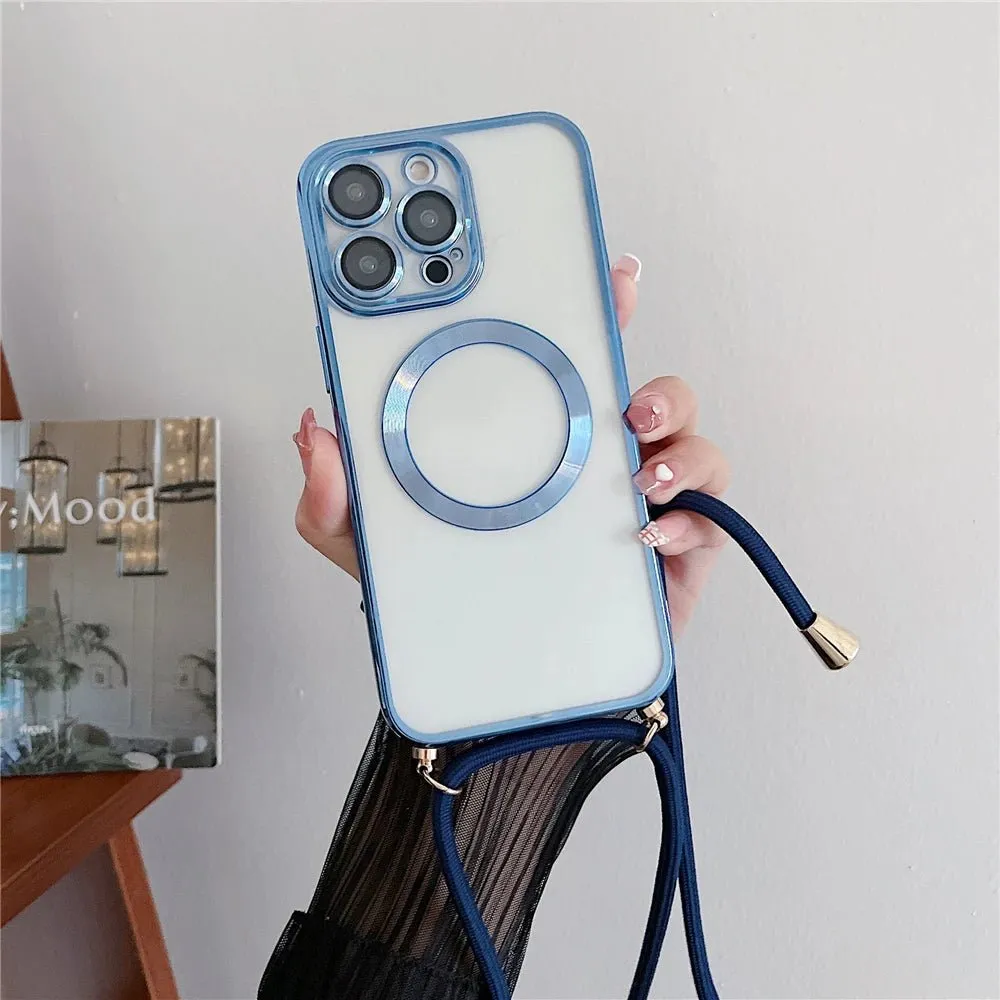 Plating Clear Magnetic For Magsafe Wireless Charging Cases For iPhone 16 15 14 11 12 13 Pro Max Crossbody Lanyard Necklace Cover