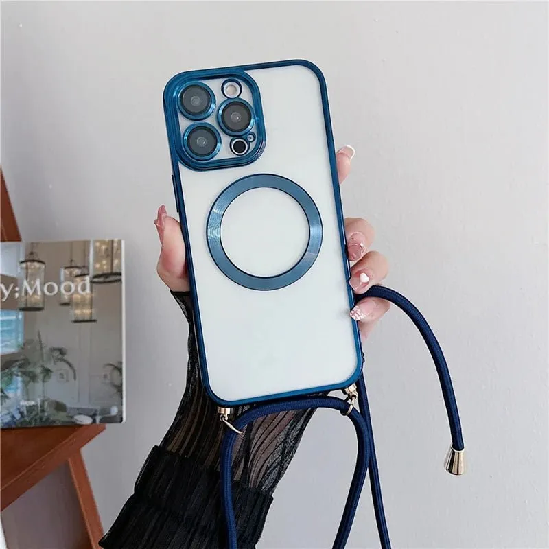 Plating Clear Magnetic For Magsafe Wireless Charging Cases For iPhone 16 15 14 11 12 13 Pro Max Crossbody Lanyard Necklace Cover