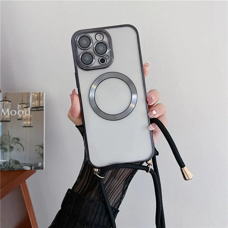 Plating Clear Magnetic For Magsafe Wireless Charging Cases For iPhone 16 15 14 11 12 13 Pro Max Crossbody Lanyard Necklace Cover
