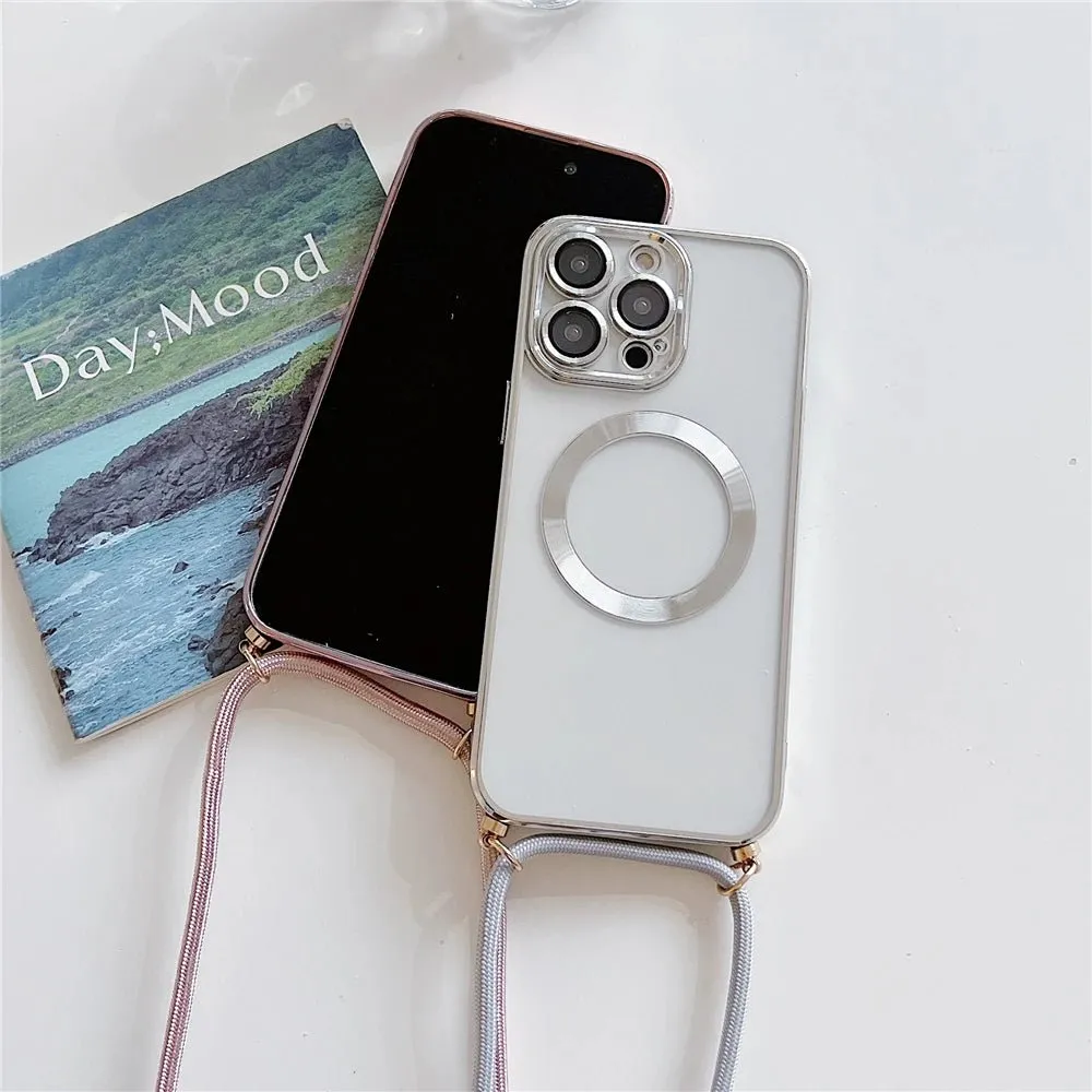 Plating Clear Magnetic For Magsafe Wireless Charging Cases For iPhone 16 15 14 11 12 13 Pro Max Crossbody Lanyard Necklace Cover