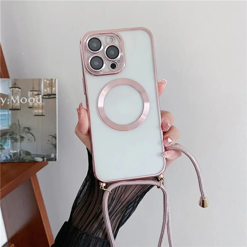 Plating Clear Magnetic For Magsafe Wireless Charging Cases For iPhone 16 15 14 11 12 13 Pro Max Crossbody Lanyard Necklace Cover