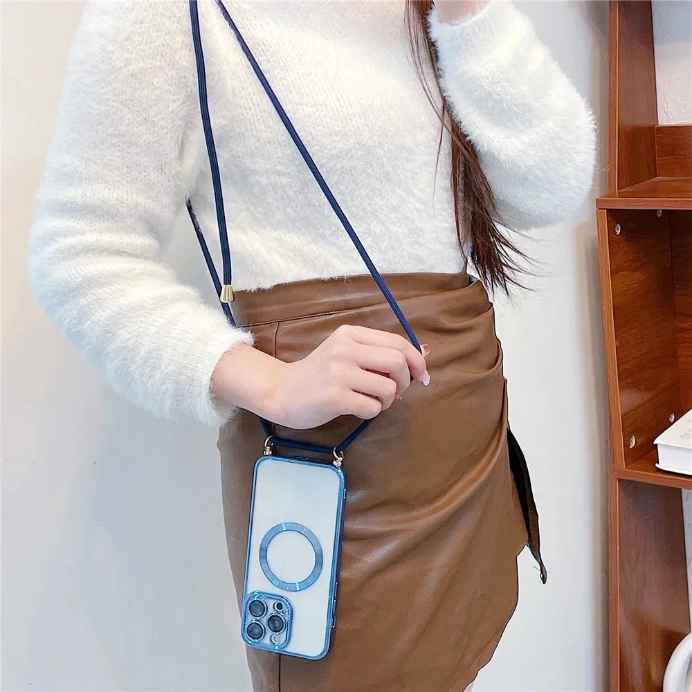 Plating Clear Magnetic For Magsafe Wireless Charging Cases For iPhone 16 15 14 11 12 13 Pro Max Crossbody Lanyard Necklace Cover