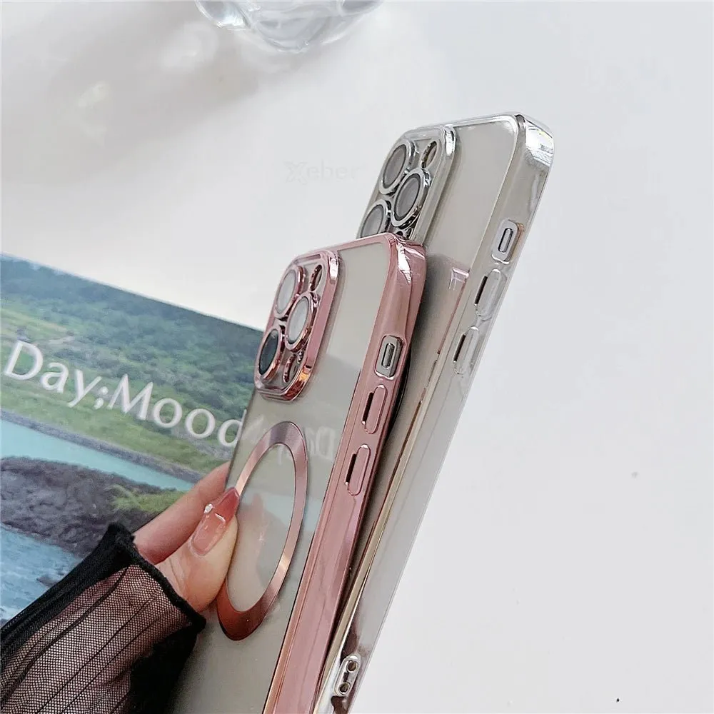 Plating Clear Magnetic For Magsafe Wireless Charging Cases For iPhone 16 15 14 11 12 13 Pro Max Crossbody Lanyard Necklace Cover