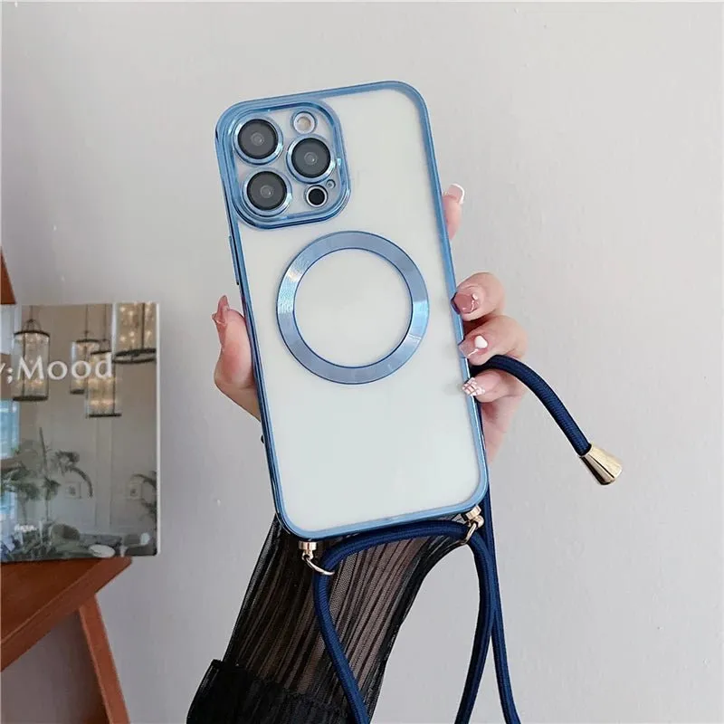 Plating Clear Magnetic For Magsafe Wireless Charging Cases For iPhone 16 15 14 11 12 13 Pro Max Crossbody Lanyard Necklace Cover