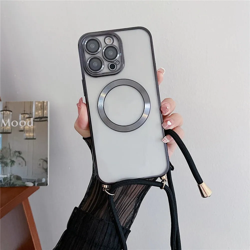 Plating Clear Magnetic For Magsafe Wireless Charging Cases For iPhone 16 15 14 11 12 13 Pro Max Crossbody Lanyard Necklace Cover