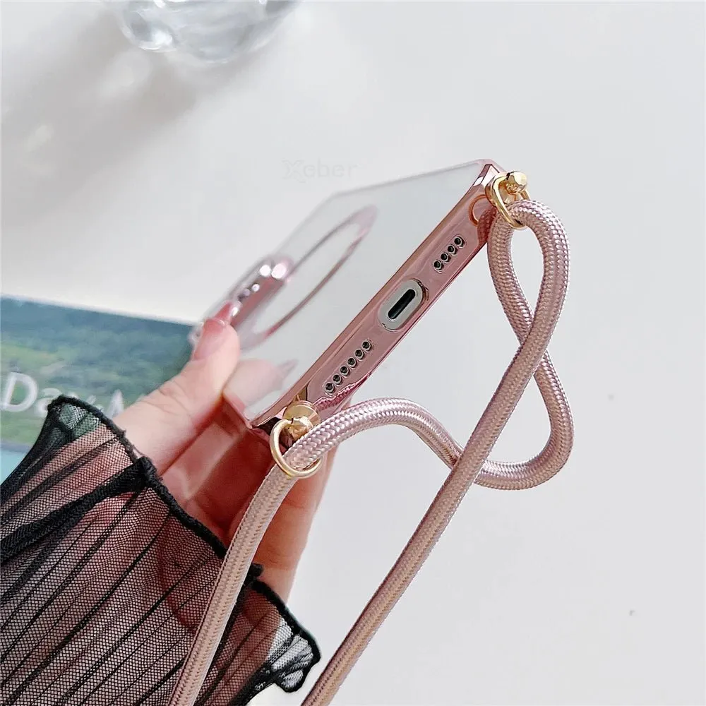 Plating Clear Magnetic For Magsafe Wireless Charging Cases For iPhone 16 15 14 11 12 13 Pro Max Crossbody Lanyard Necklace Cover
