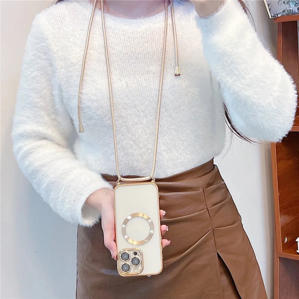 Plating Clear Magnetic For Magsafe Wireless Charging Cases For iPhone 16 15 14 11 12 13 Pro Max Crossbody Lanyard Necklace Cover