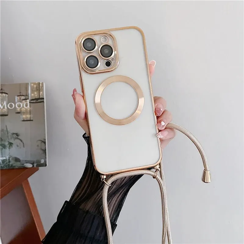 Plating Clear Magnetic For Magsafe Wireless Charging Cases For iPhone 16 15 14 11 12 13 Pro Max Crossbody Lanyard Necklace Cover