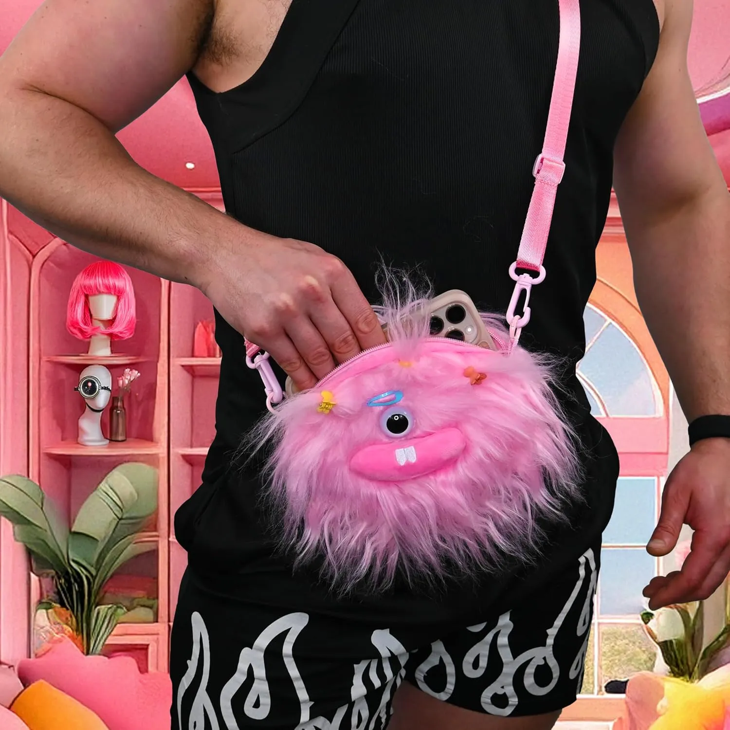 PLURby Rave Bag - Monster Toy Bag - Crossbody Fuzzy Bag - Furry Festival Plush Bag - Kids Shoulder Carry Bag - Mini Backpack
