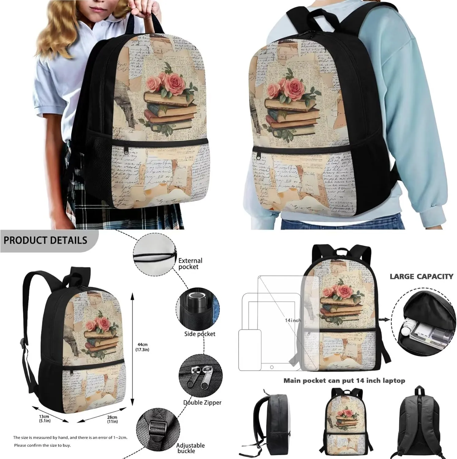 Poceacles 4 Pcs School Backpack Set for Kids Teenagers, Girls Boys Bookbag and Lunchbag Sets with Pencil Case, Water Bottle Bag, Fashion Stationery Organizer Bag, Book Rose Vintage Collage Style