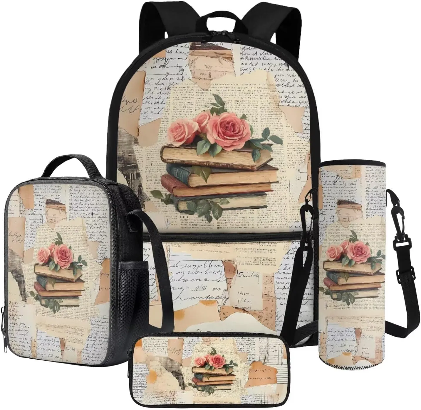 Poceacles 4 Pcs School Backpack Set for Kids Teenagers, Girls Boys Bookbag and Lunchbag Sets with Pencil Case, Water Bottle Bag, Fashion Stationery Organizer Bag, Book Rose Vintage Collage Style
