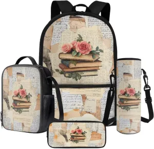 Poceacles 4 Pcs School Backpack Set for Kids Teenagers, Girls Boys Bookbag and Lunchbag Sets with Pencil Case, Water Bottle Bag, Fashion Stationery Organizer Bag, Book Rose Vintage Collage Style
