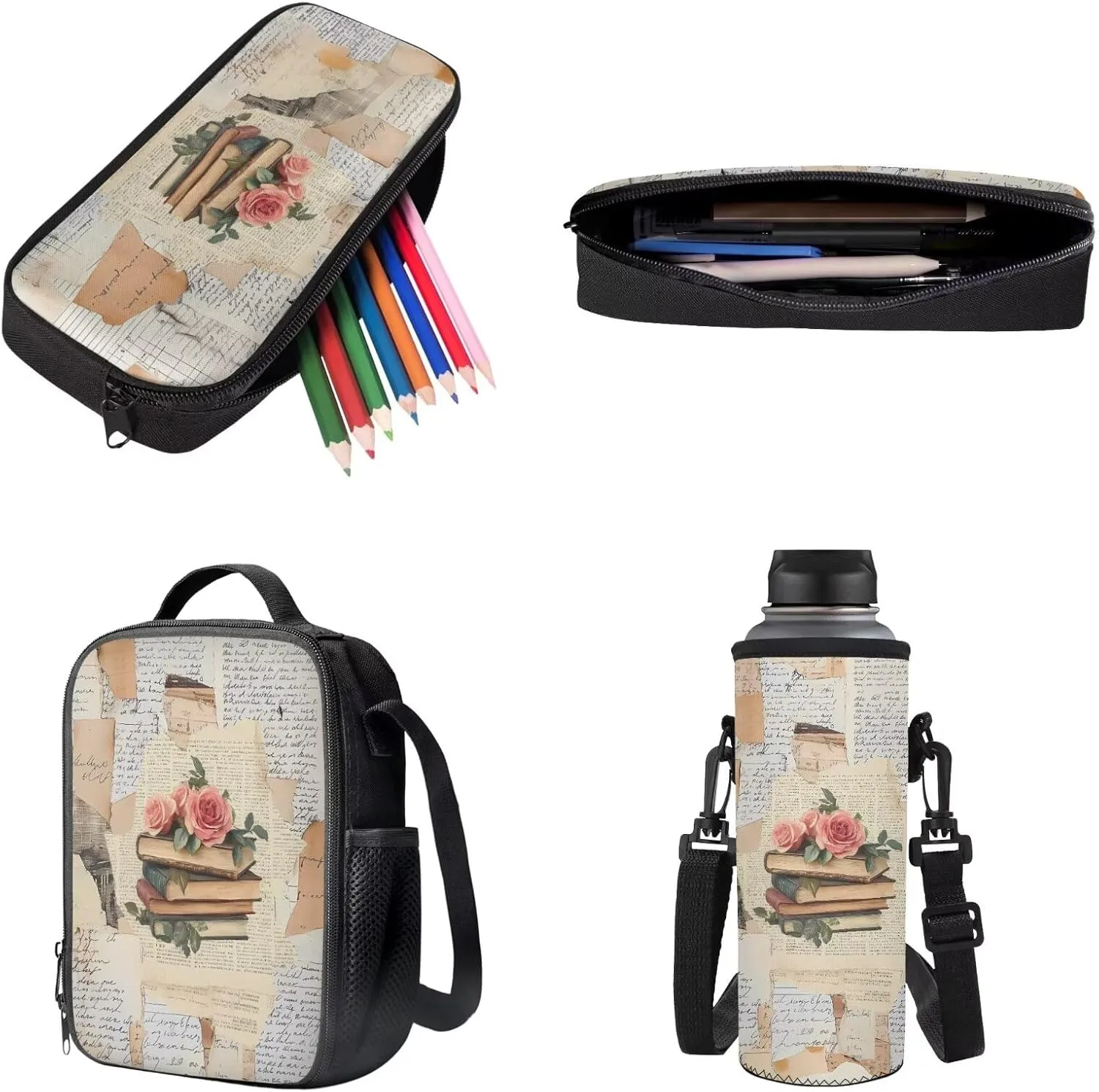 Poceacles 4 Pcs School Backpack Set for Kids Teenagers, Girls Boys Bookbag and Lunchbag Sets with Pencil Case, Water Bottle Bag, Fashion Stationery Organizer Bag, Book Rose Vintage Collage Style
