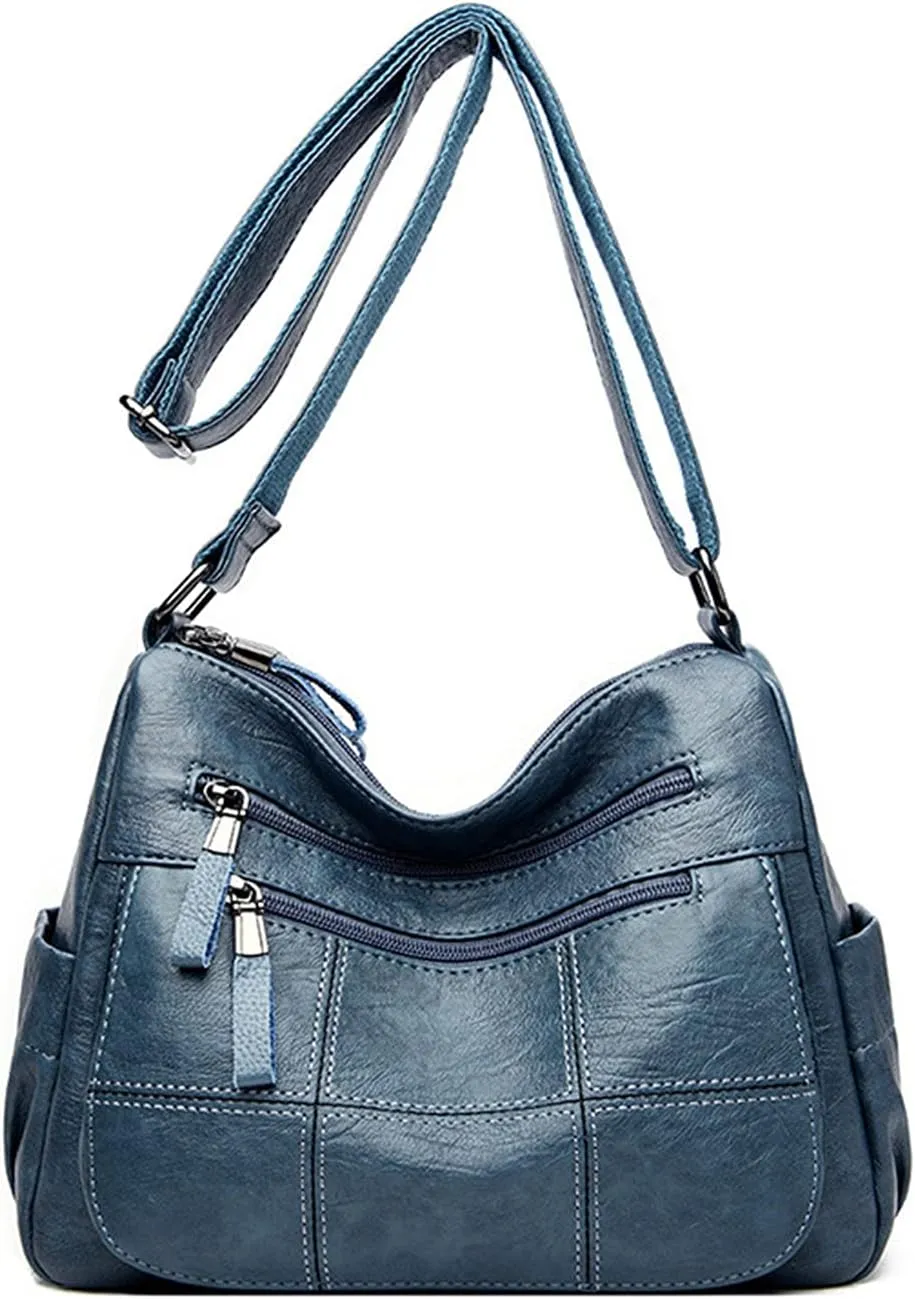 PORRASSO Vintage Crossbody Bag Ladies Shoulder Bag Multi-pocket Handbag Soft Women PU Leather Messenger Bag Work Travel Daily Use Satchel Blue