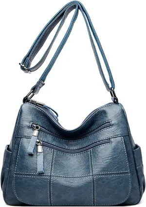 PORRASSO Vintage Crossbody Bag Ladies Shoulder Bag Multi-pocket Handbag Soft Women PU Leather Messenger Bag Work Travel Daily Use Satchel Blue