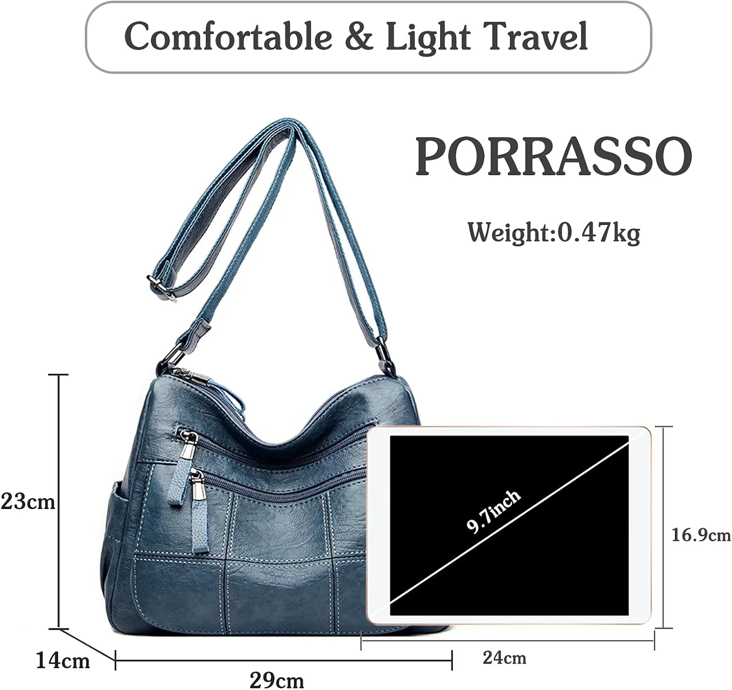 PORRASSO Vintage Crossbody Bag Ladies Shoulder Bag Multi-pocket Handbag Soft Women PU Leather Messenger Bag Work Travel Daily Use Satchel Blue