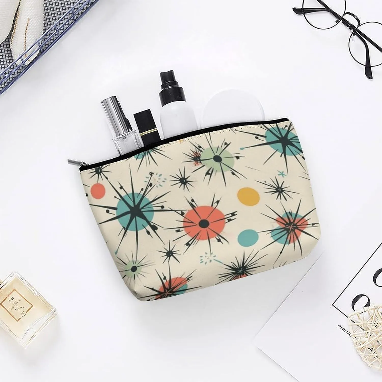 Portable Small Cosmetic Bag Cute Travel Makeup Bag Atomic Stars Retro Pattern Waterproof Toiletry Bag for Women