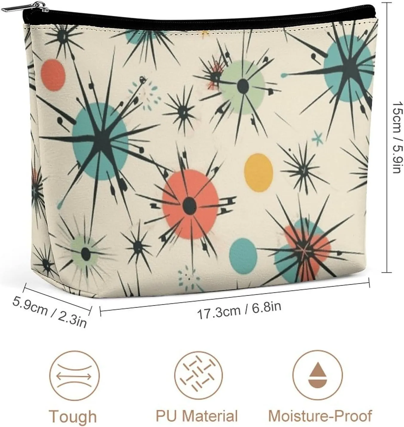 Portable Small Cosmetic Bag Cute Travel Makeup Bag Atomic Stars Retro Pattern Waterproof Toiletry Bag for Women