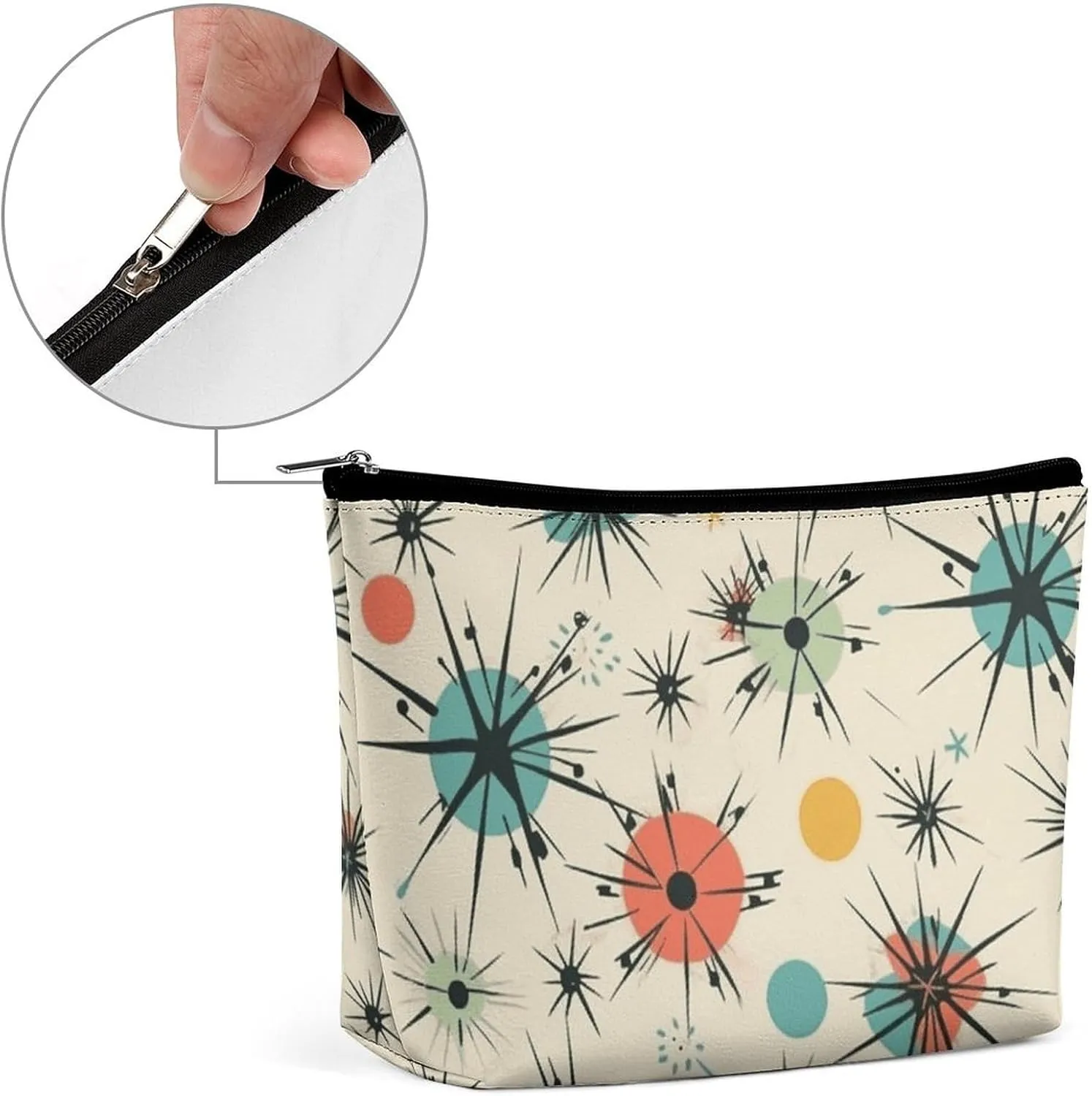 Portable Small Cosmetic Bag Cute Travel Makeup Bag Atomic Stars Retro Pattern Waterproof Toiletry Bag for Women