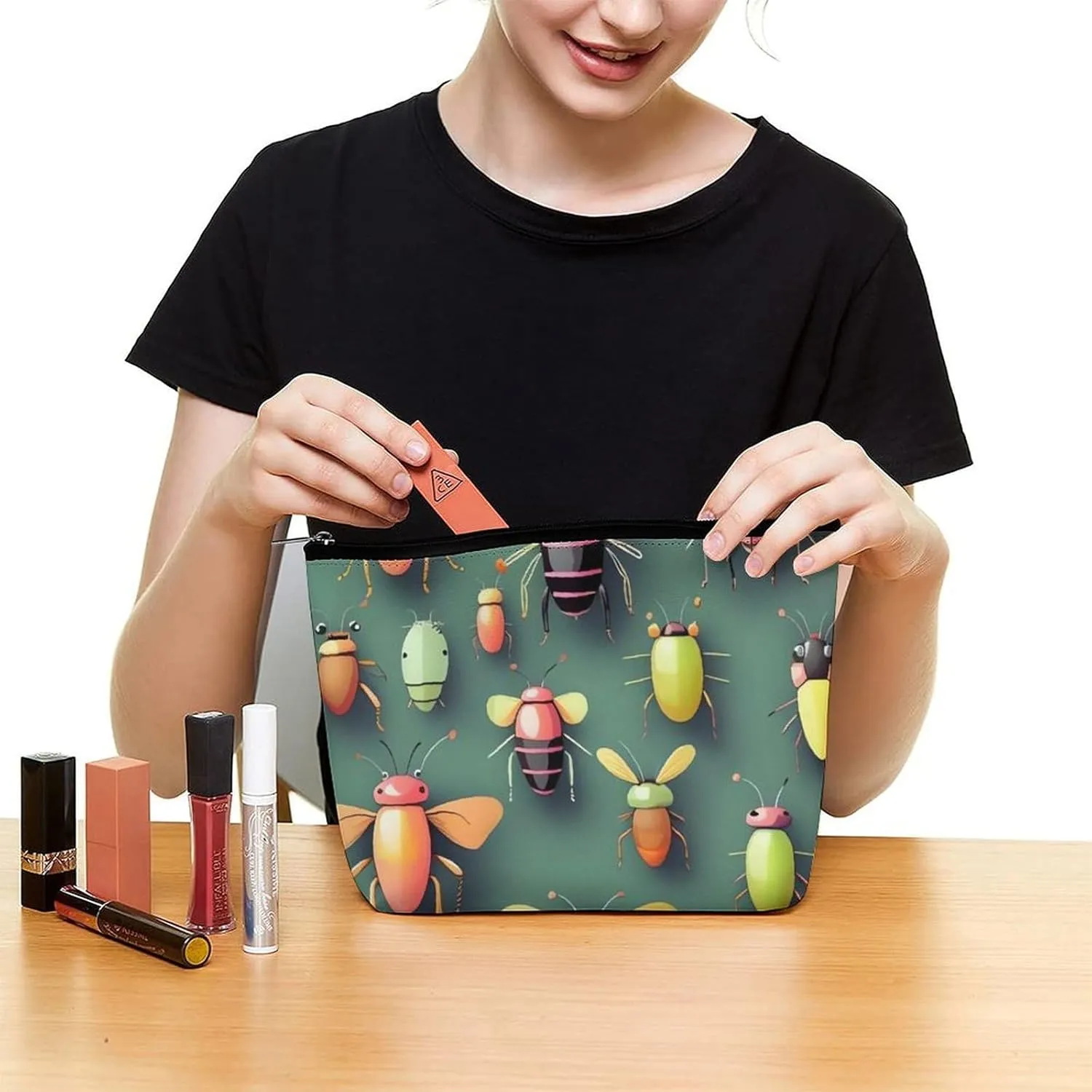 Portable Small Cosmetic Bag Cute Travel Makeup Bag Insect Atlas Waterproof Toiletry Bag for Women