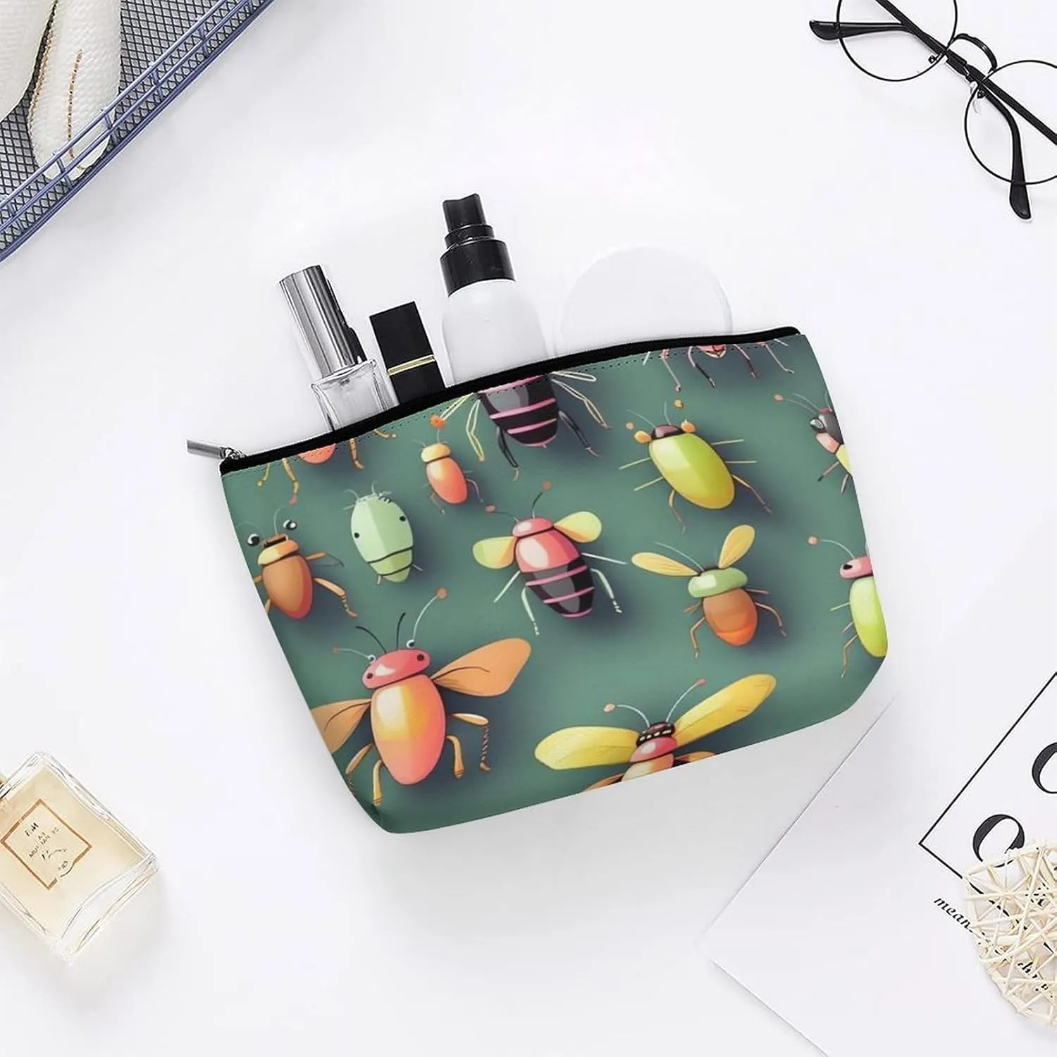 Portable Small Cosmetic Bag Cute Travel Makeup Bag Insect Atlas Waterproof Toiletry Bag for Women