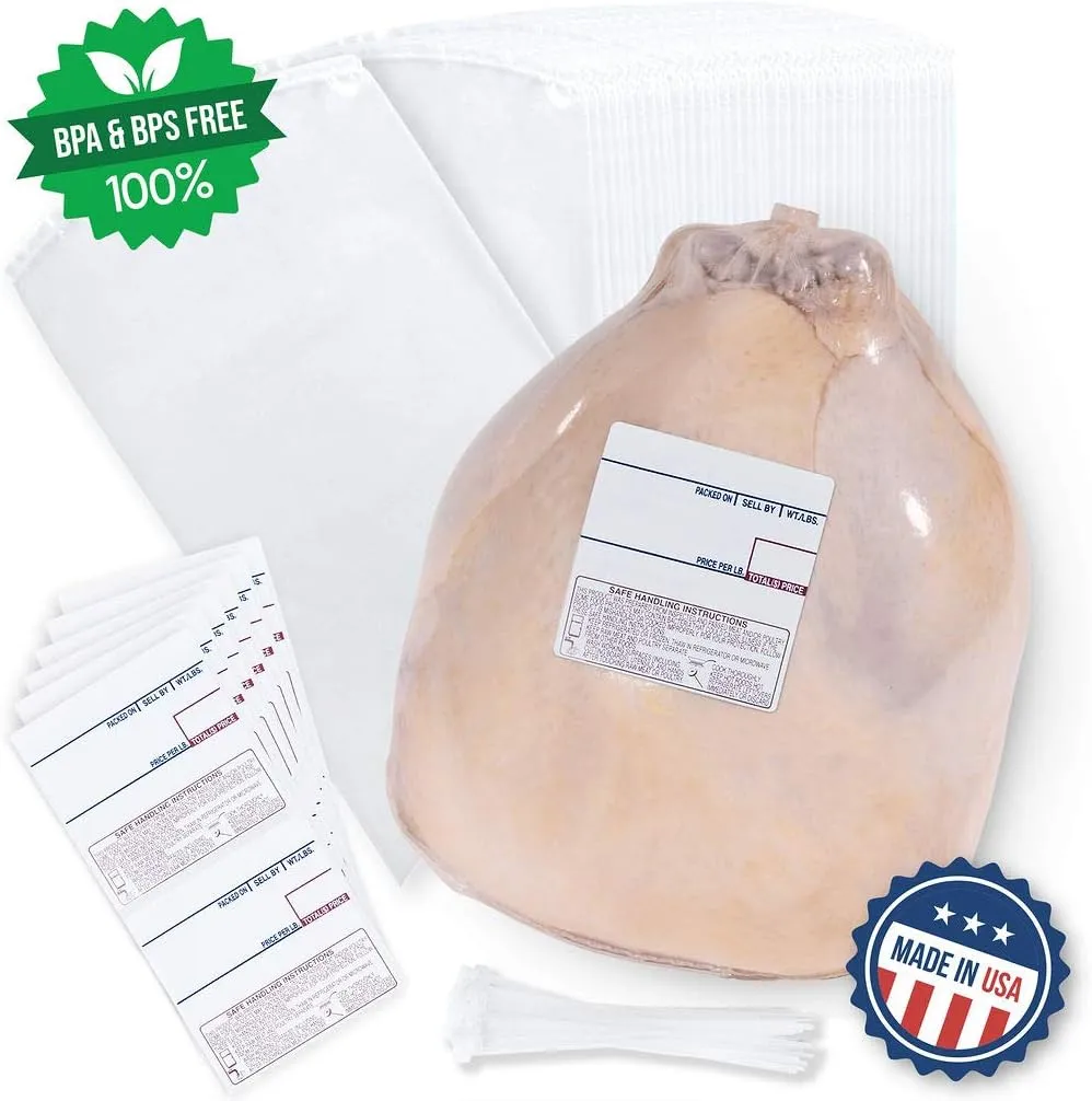 Poultry (Turkey) Shrink Bags 16"x28" Zip Ties and Labels, BPA/BPS Free, 3MIL, MADE IN USA (50)