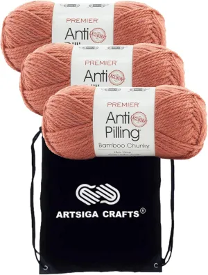Premier Yarns Bamboo Chunky Terra Cotta 1085-19 (3-Skeins - Same Dye Lot) Chunky Bulky #5 Anti-Pilling Acrylic Yarn for Crocheting and Knitting with Project Bag