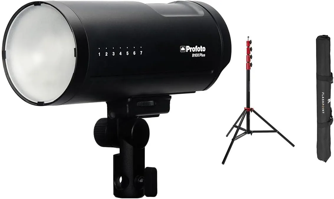 Profoto B10X Plus Off Camera Flash Head, Bundle with Flashpoint Pro Air-Cushioned Heavy-Duty Light Stand, Red/9.5'