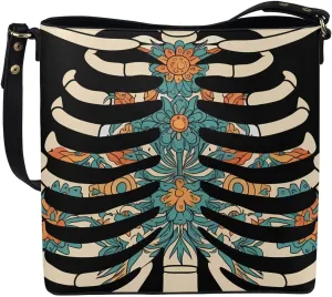 PU Leather Purse for Women Vintage Floral Bucket Tote Bag Crossbody Hobo Handbag, Skulls Satchel Shoulder Tote Bags