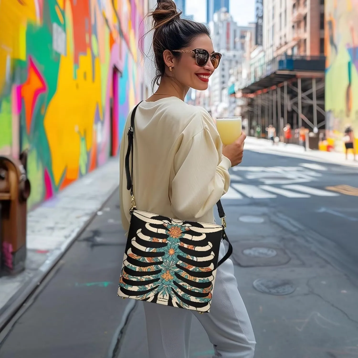 PU Leather Purse for Women Vintage Floral Bucket Tote Bag Crossbody Hobo Handbag, Skulls Satchel Shoulder Tote Bags