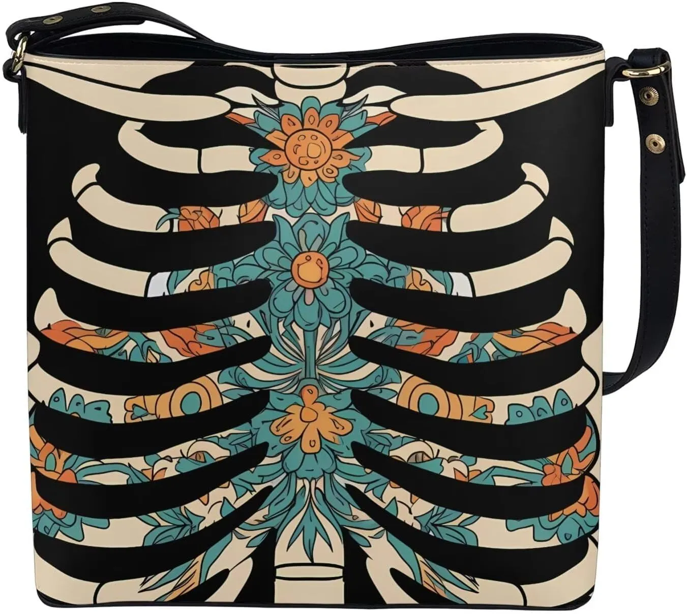 PU Leather Purse for Women Vintage Floral Bucket Tote Bag Crossbody Hobo Handbag, Skulls Satchel Shoulder Tote Bags