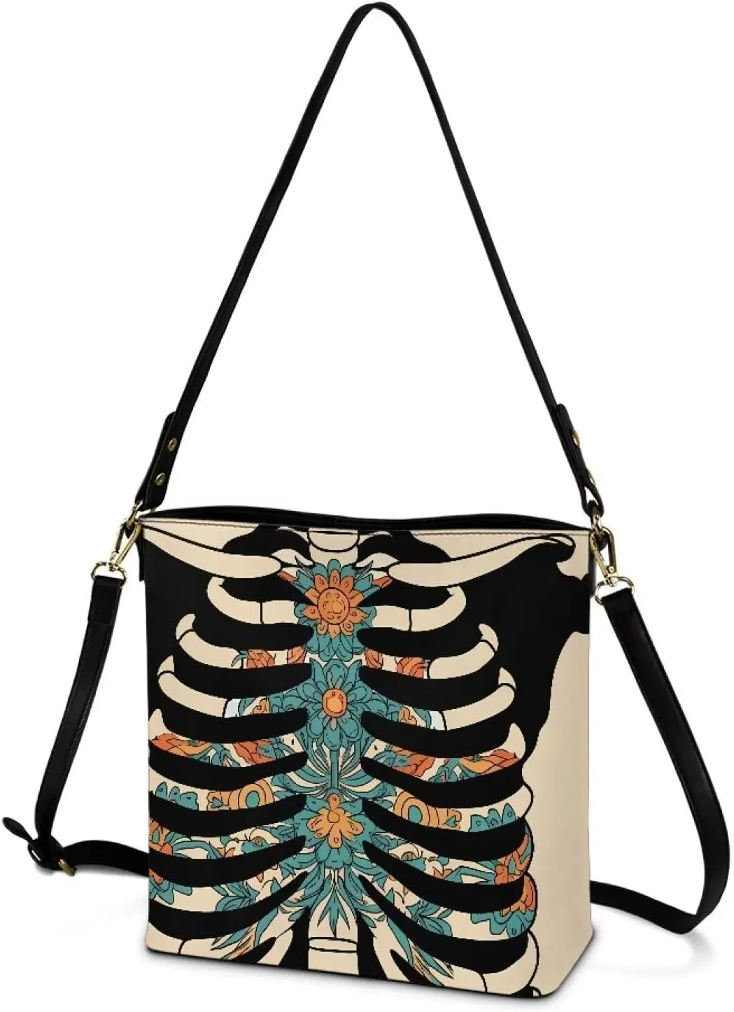 PU Leather Purse for Women Vintage Floral Bucket Tote Bag Crossbody Hobo Handbag, Skulls Satchel Shoulder Tote Bags