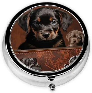 Puppy Sitting Pill Box Round Pill Case for Pocket Purse 3 Compartment Medicine Pill Organizer Cute Portable Travel Pillbox Vitamin Cod Liver Oil Storage Box Unique Gift Organizer