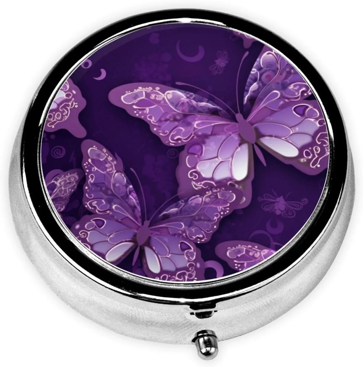 Purple Butterflies Pill Box Round Pill Case for Pocket Purse 3 Compartment Medicine Pill Organizer Cute Portable Travel Pillbox Vitamin Cod Liver Oil Storage Box Unique Gift Organizer