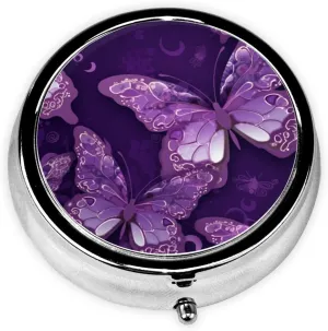 Purple Butterflies Pill Box Round Pill Case for Pocket Purse 3 Compartment Medicine Pill Organizer Cute Portable Travel Pillbox Vitamin Cod Liver Oil Storage Box Unique Gift Organizer