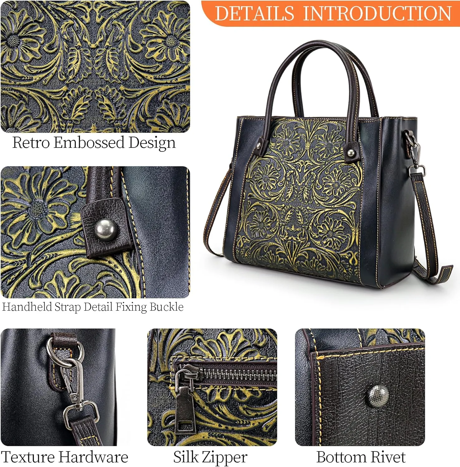 Purse and Handbag For Women Leather Shoulder Bag Top Handle Tote Bag Crossbody Bags Medium Satchel Vintage Embossing Pattern