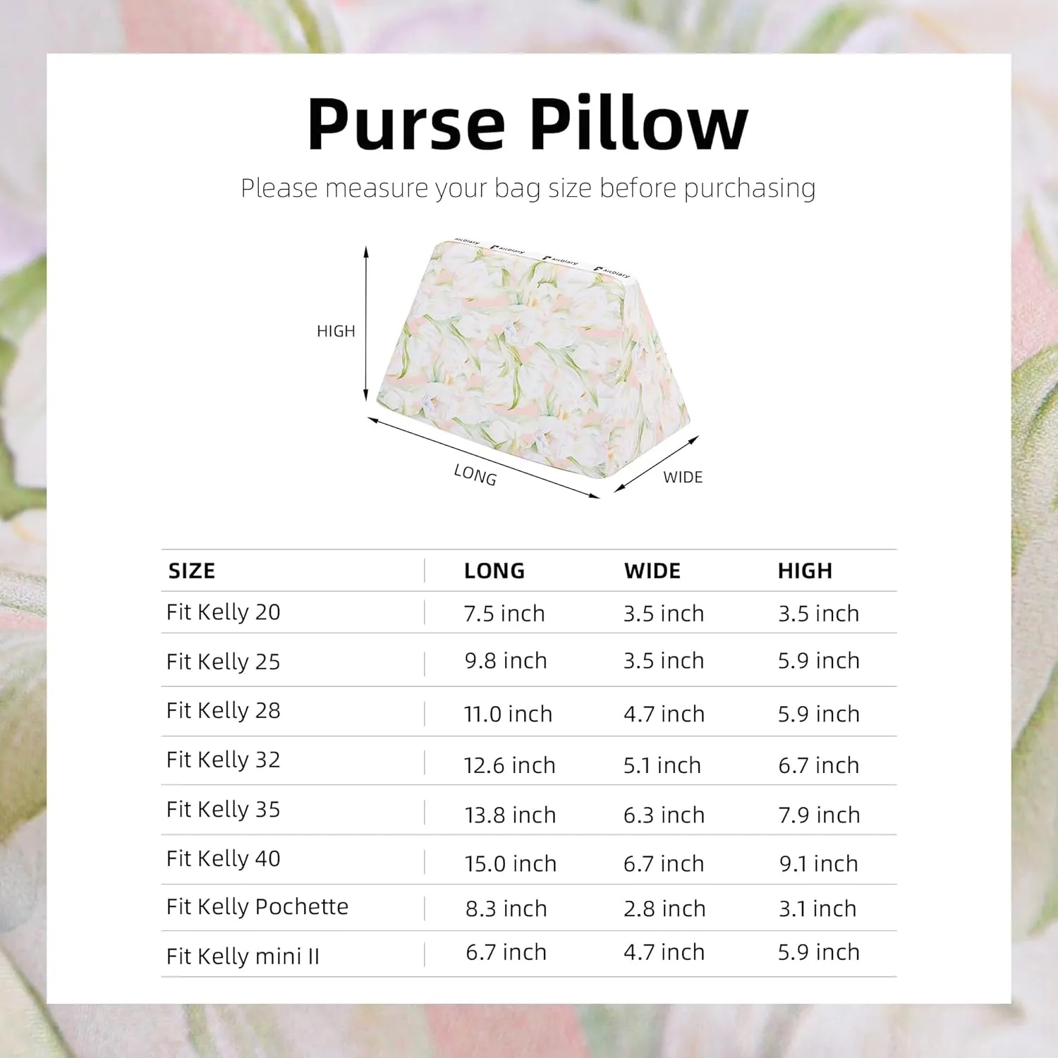 Purse Pillow Insert for Kelly mini/25/28/32/35 bags, Soft Memory Foam Bag Pillow, Luxury Handbag Tote Shaper (Kelly28,French Tulips)